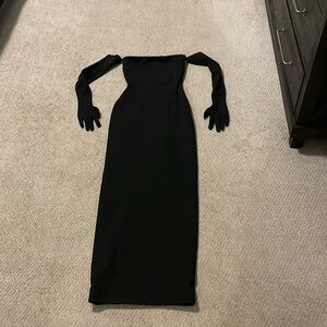 Solace London formal black strapless dress, off the shoulder  long sleeve gloves